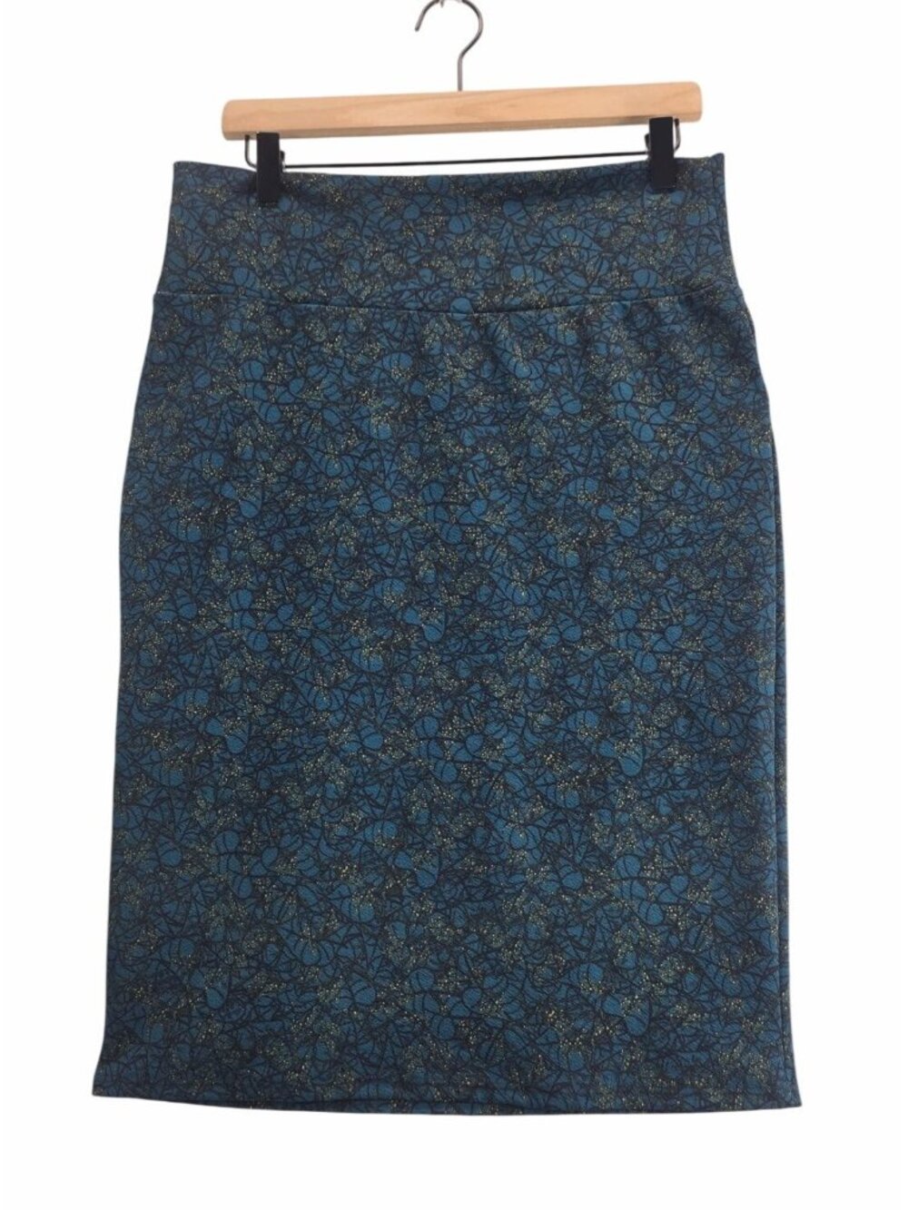 Knit Pencil Skirt L LuLaRoe Cassie Dark Teal Abstract Floral Office Core Travel